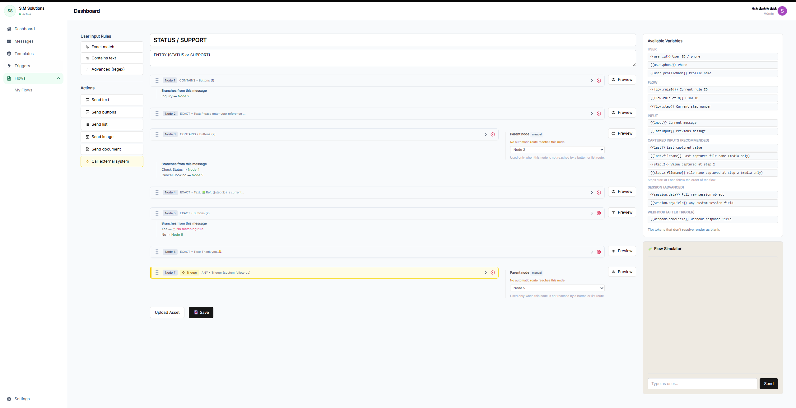UseWaba workflow builder preview with guided WhatsApp flow nodes